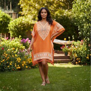 Dashiki Print Orange Polyester Short Caftan Tunic Dress for Women by Gypsie Blu